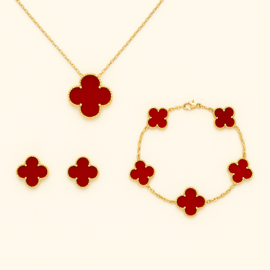 Red Clover Necklace Bracelet Earrings Set