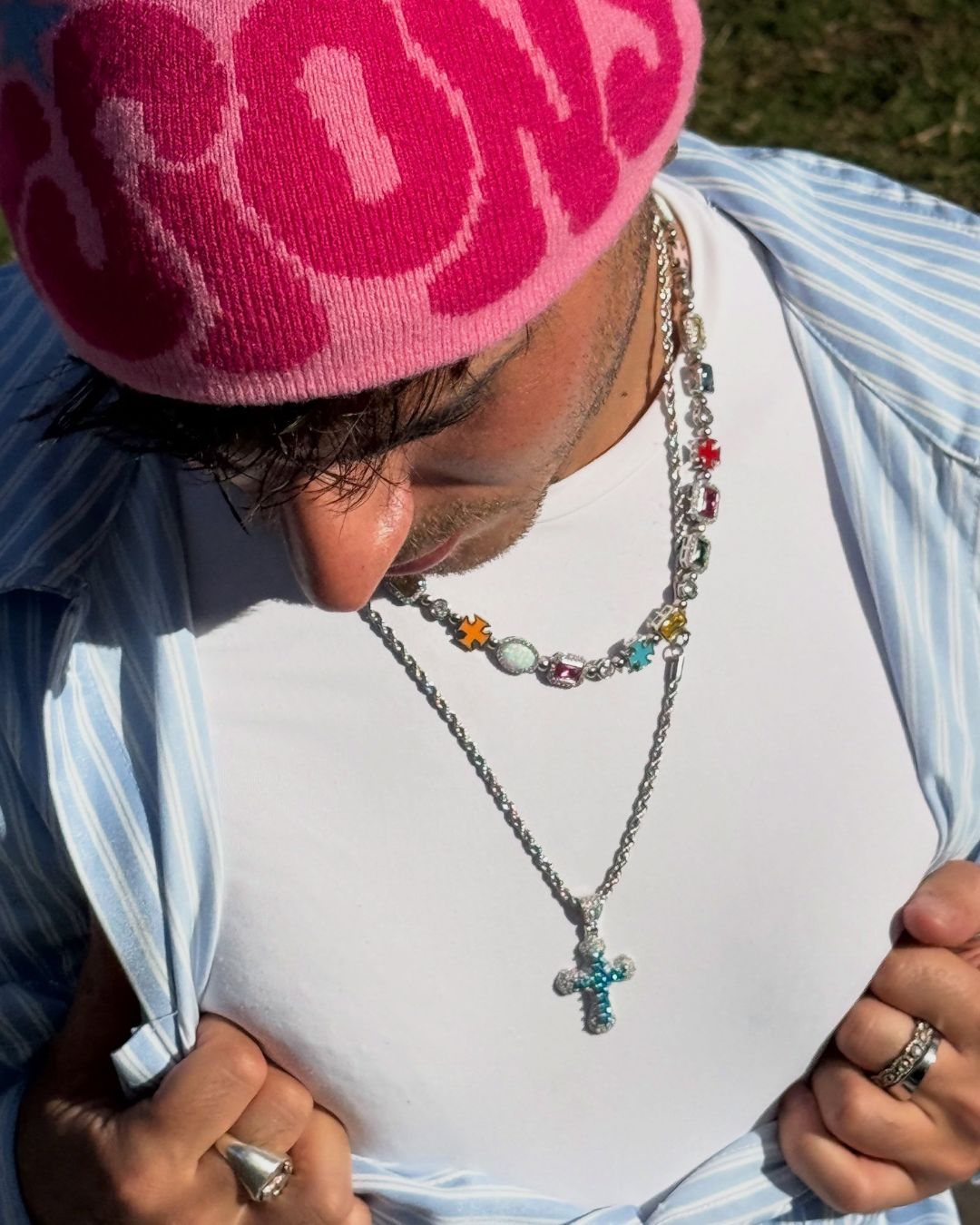 Men’s Multicolor Geometric Necklace, White-Gold-Plated Steel