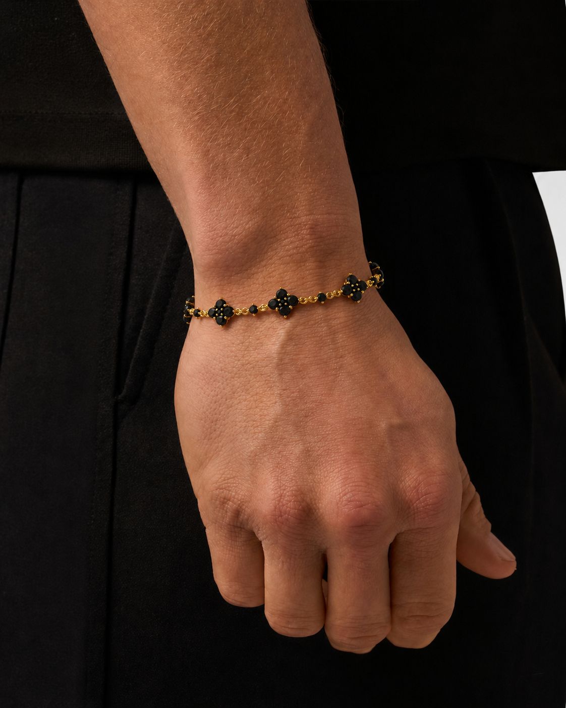 Black Zircon Clover Bracelet, Gold-Plated Copper, Adjustable