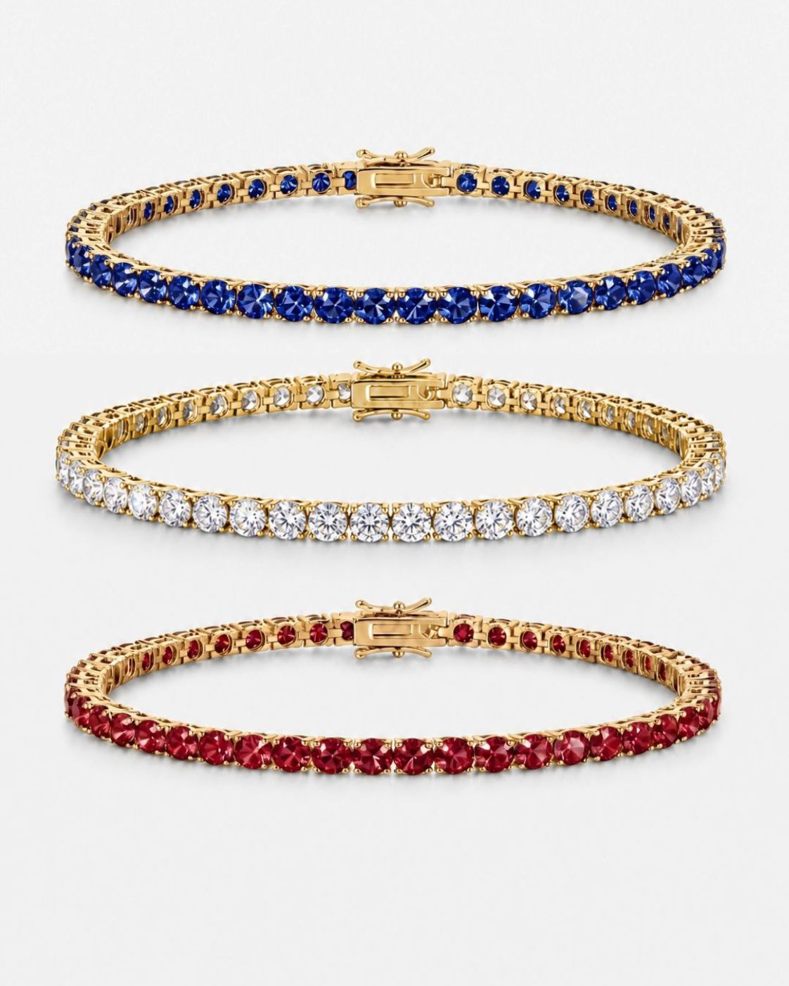 Men’s Red White Blue Tennis Bracelet Set, 3 Pieces, 14K Gold-Plated