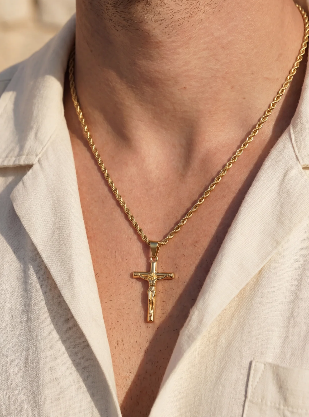Men’s Crucifix Pendant Rope Necklace, Gold-Tone Steel