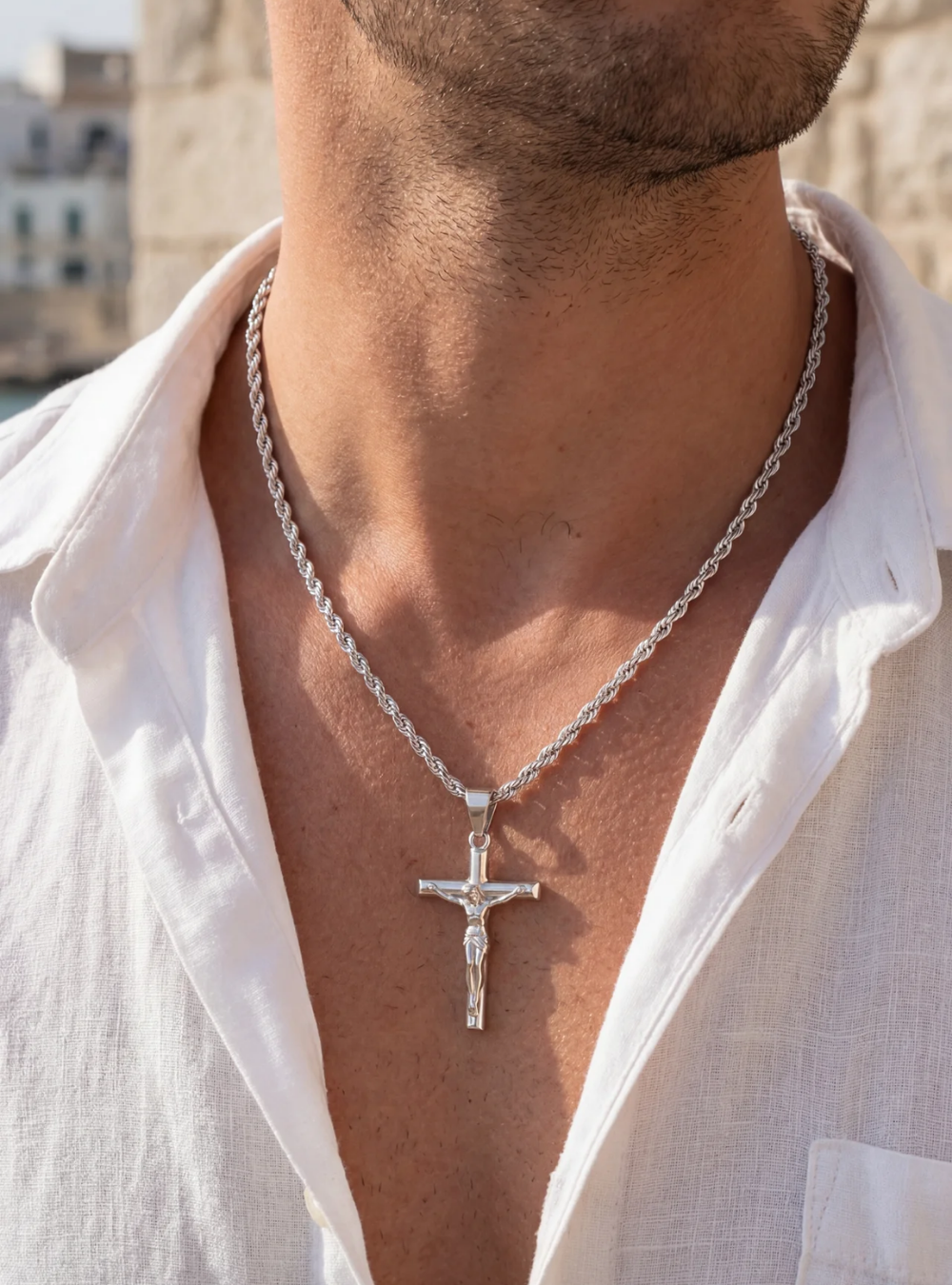 Men’s Crucifix Pendant Rope Necklace, Silver-Tone Steel