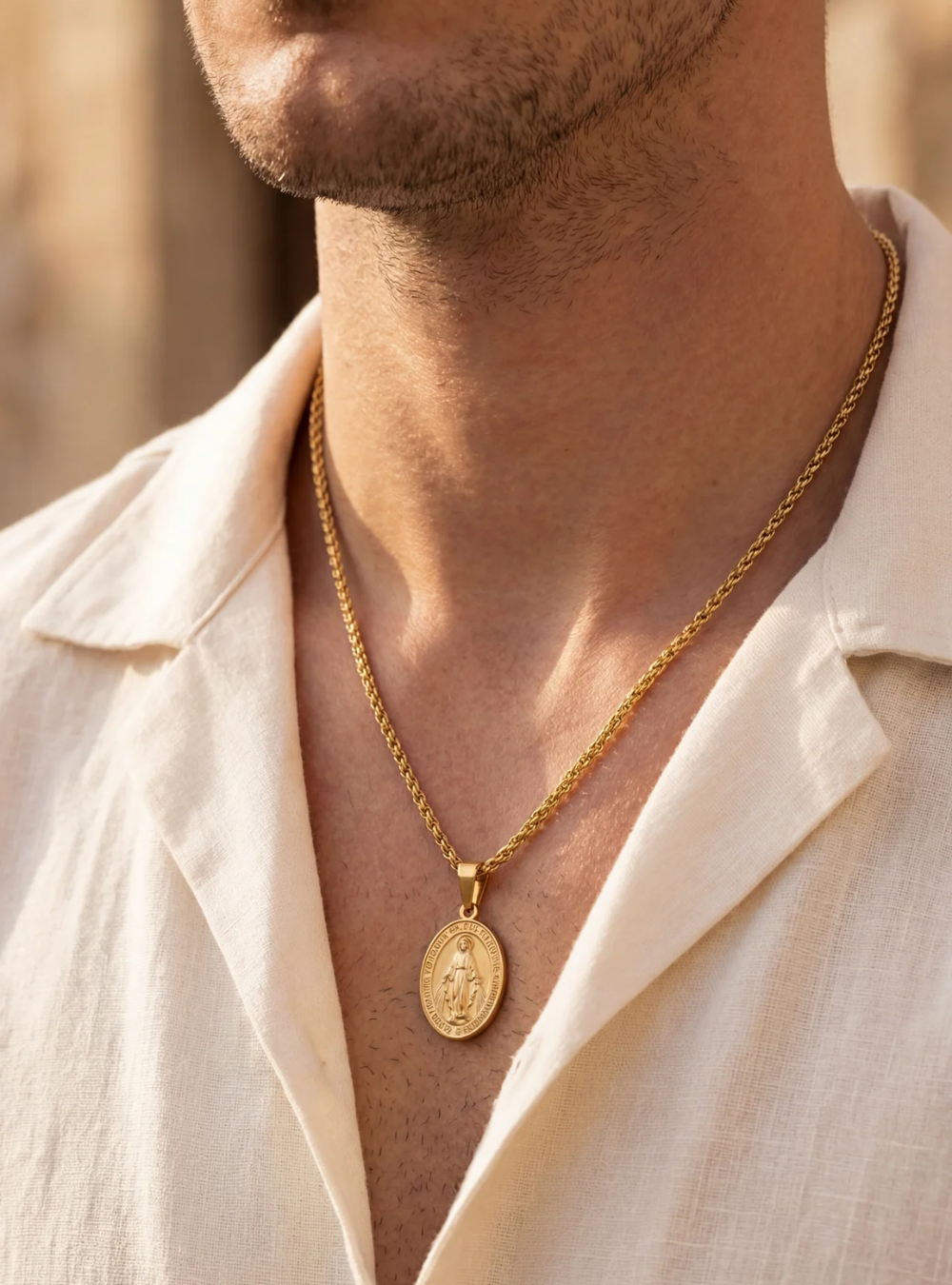 Virgin Mary Medallion Necklace, Gold-Plated Steel