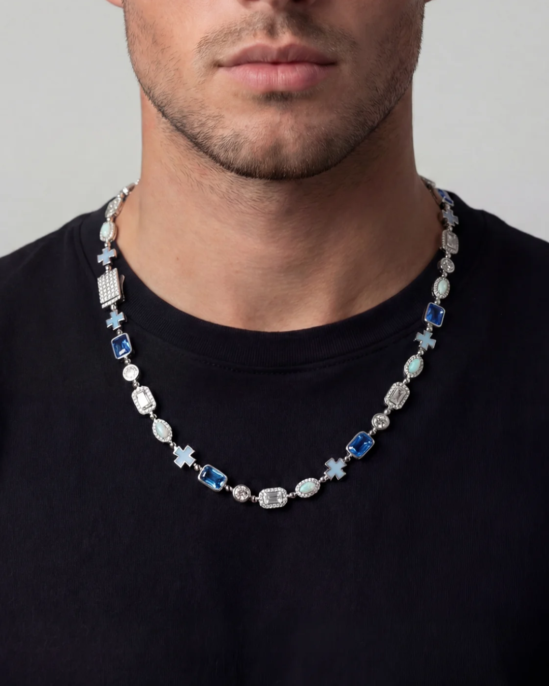Men’s Blue and Clear Mosaic Necklace, 6 mm, Silver-Tone — Royal Azure