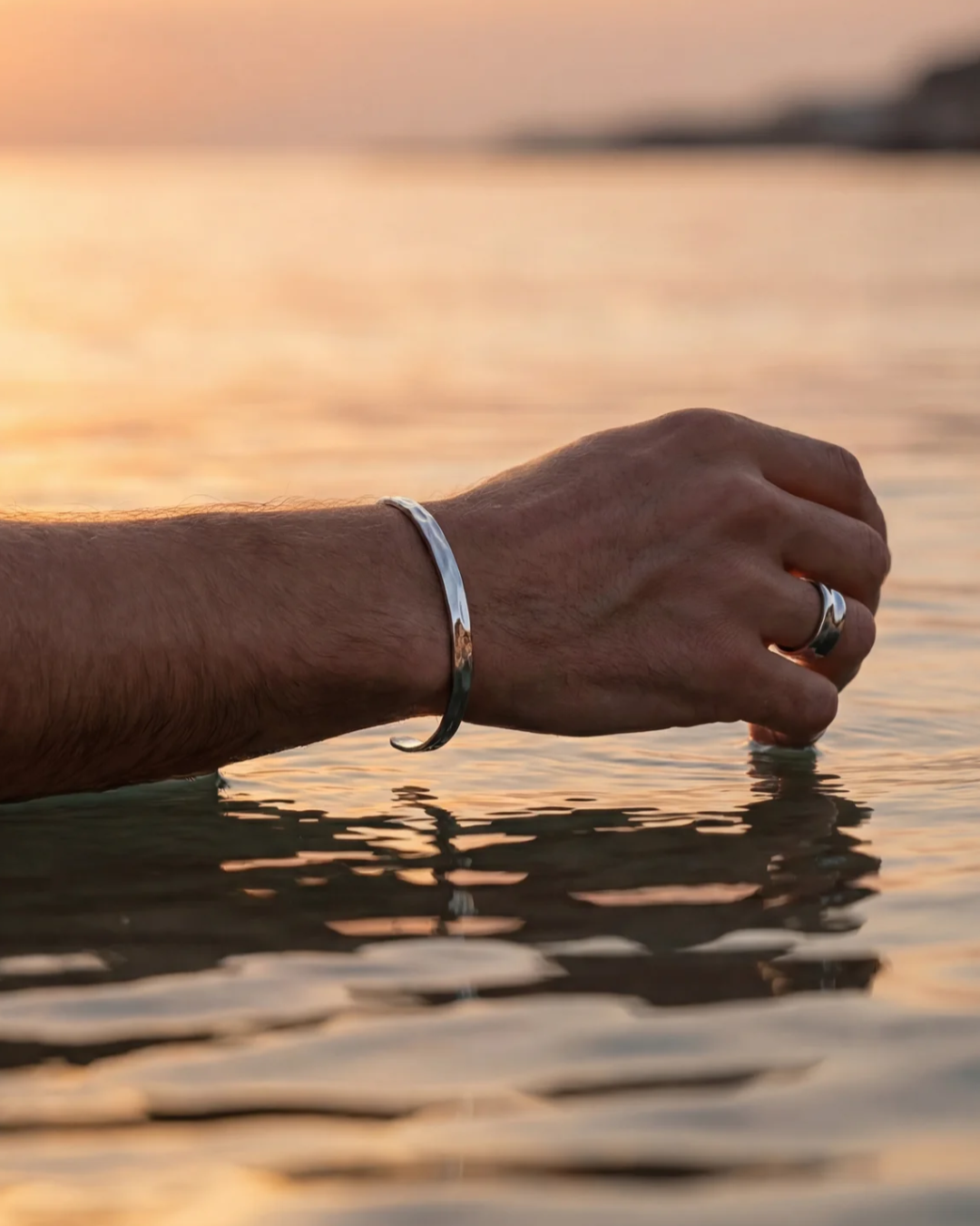 Sculpted Adjustable Open Ring, Platinum-Plated Steel — Ocean