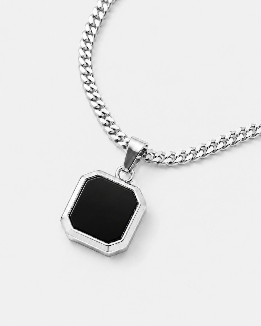 Men’s Black Inlay Pendant Necklace, Silver-Plated Steel