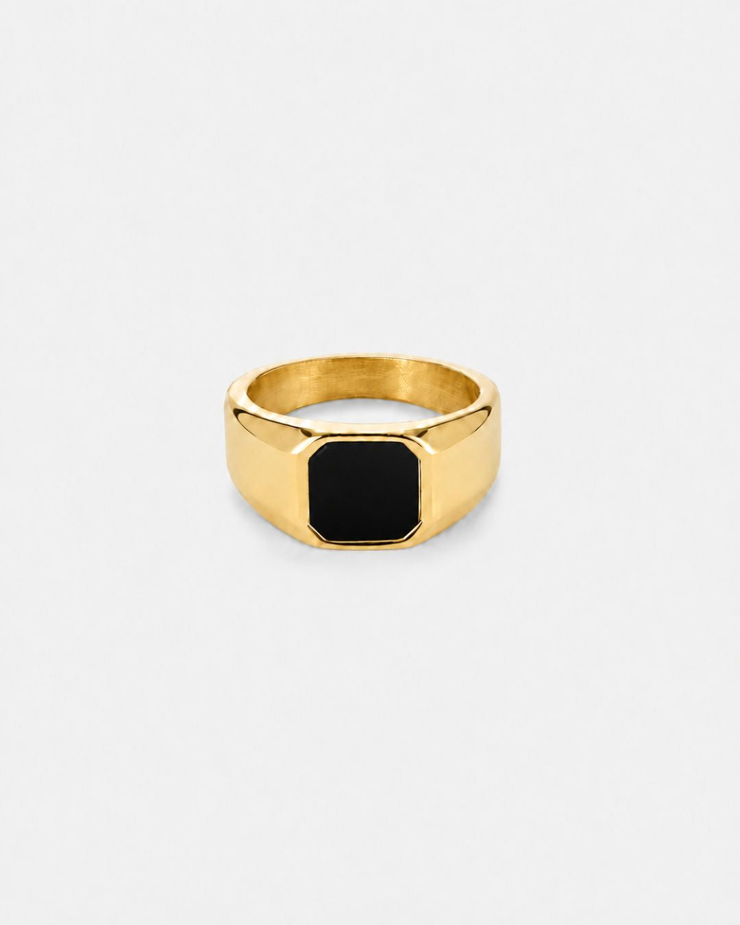 Men’s Black Inlay Signet Ring, Gold-Plated Steel, US 7–13