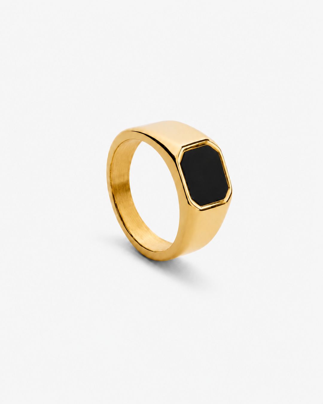 Men’s Black Inlay Signet Ring, Gold-Plated Steel, US 7–13
