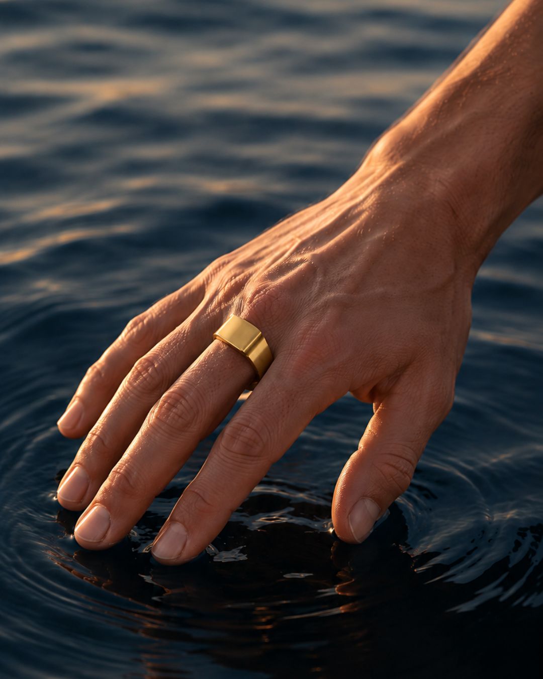 Brushed Rectangular Signet Ring, Gold-Tone Stainless Steel