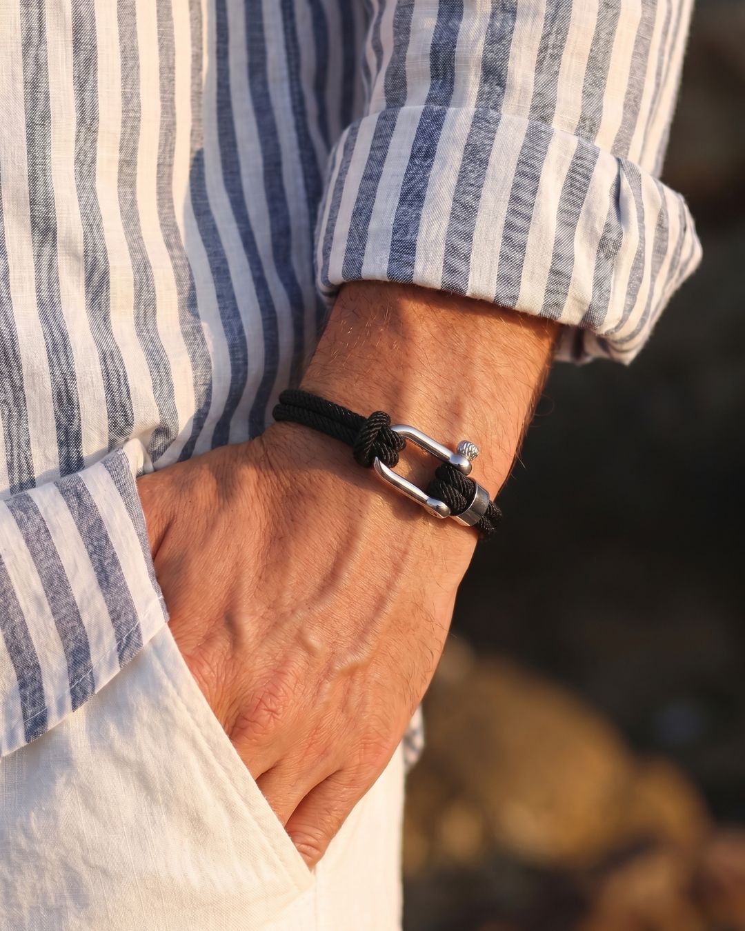 Men’s Black Braided Nylon Rope Bracelet with Steel Shackle