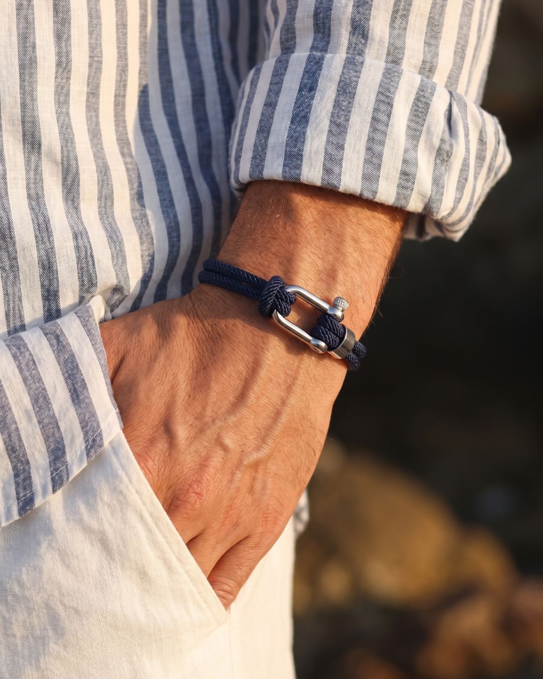Men’s Navy Braided Nylon Rope Bracelet with Steel Shackle