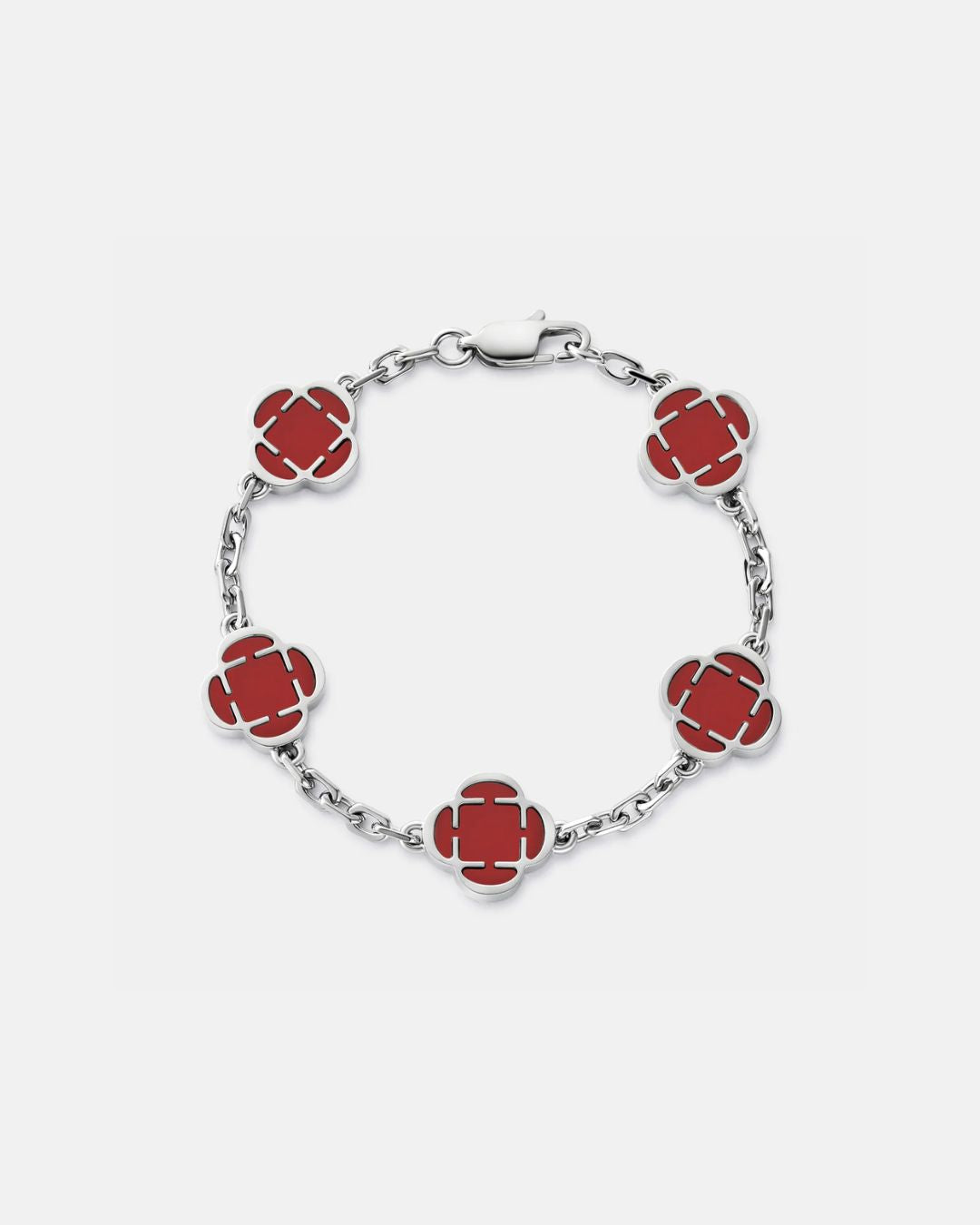 Burgundy Clover Charm Bracelet, Silver-Plated Stainless Steel