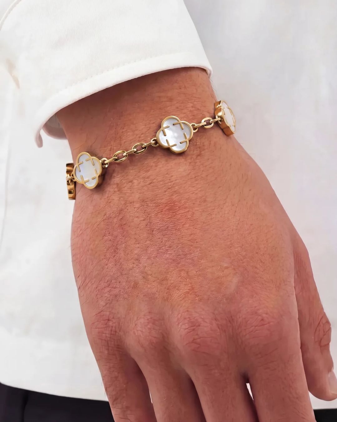Pearl-White Clover Charm Bracelet, Gold-Plated Stainless Steel