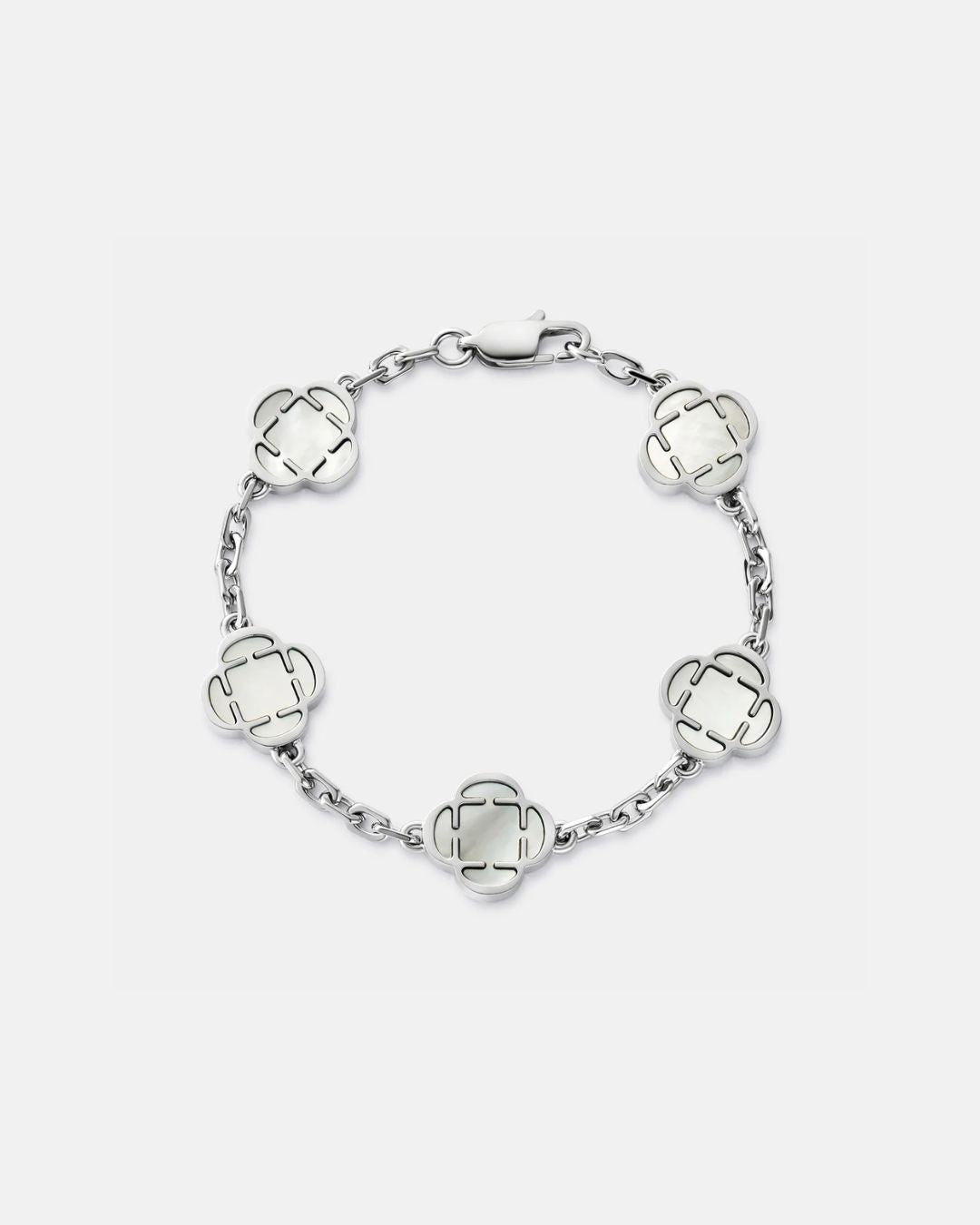 Pearl-White Clover Charm Bracelet, Silver-Plated Stainless Steel
