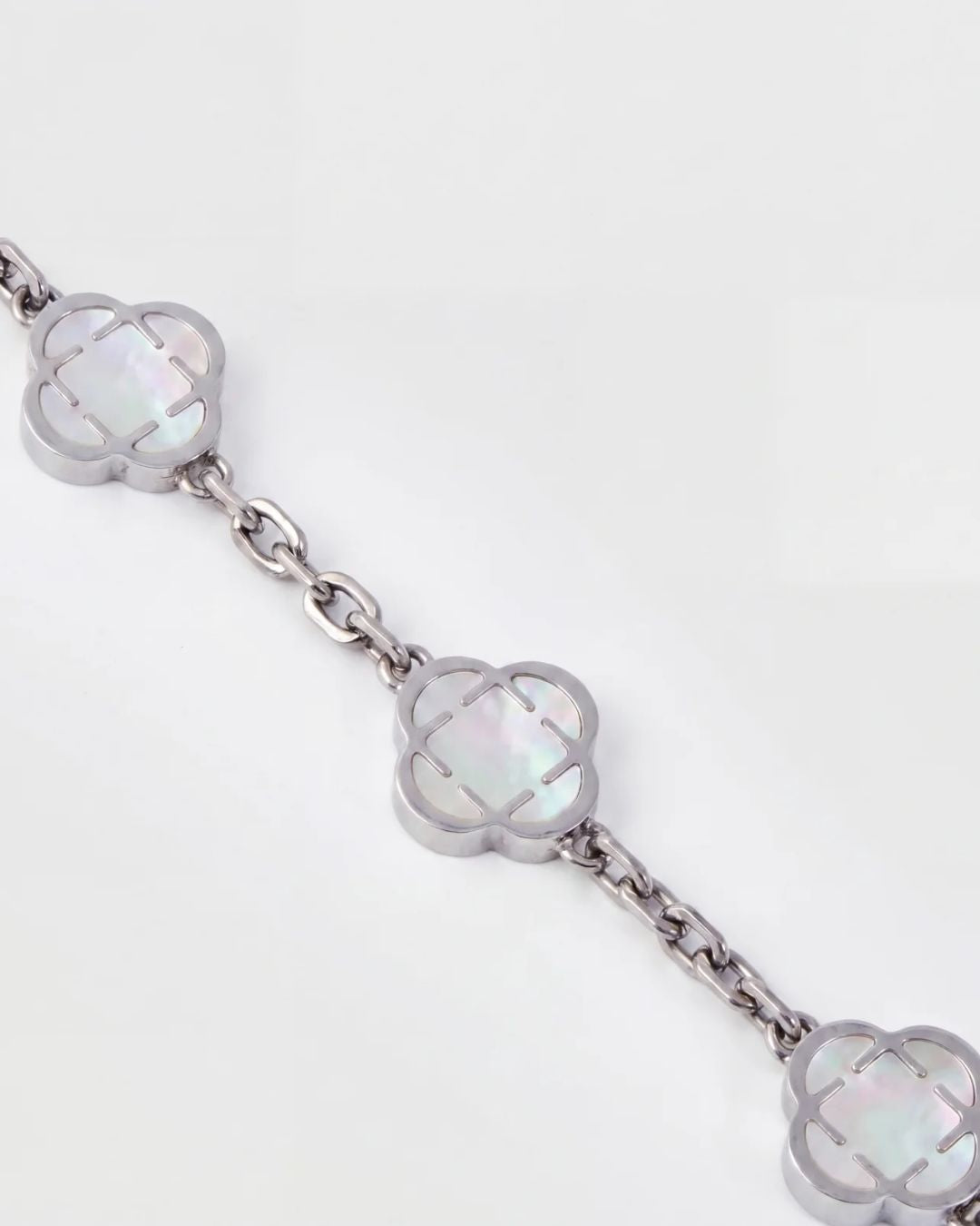 Pearl-White Clover Charm Bracelet, Silver-Plated Stainless Steel