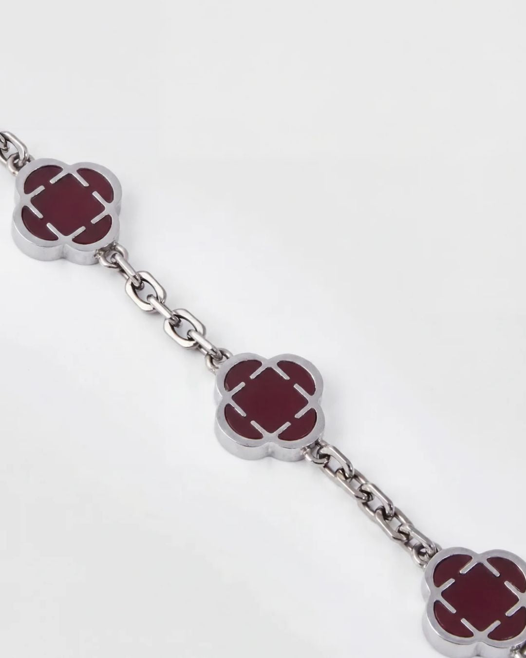 Burgundy Clover Charm Bracelet, Silver-Plated Stainless Steel