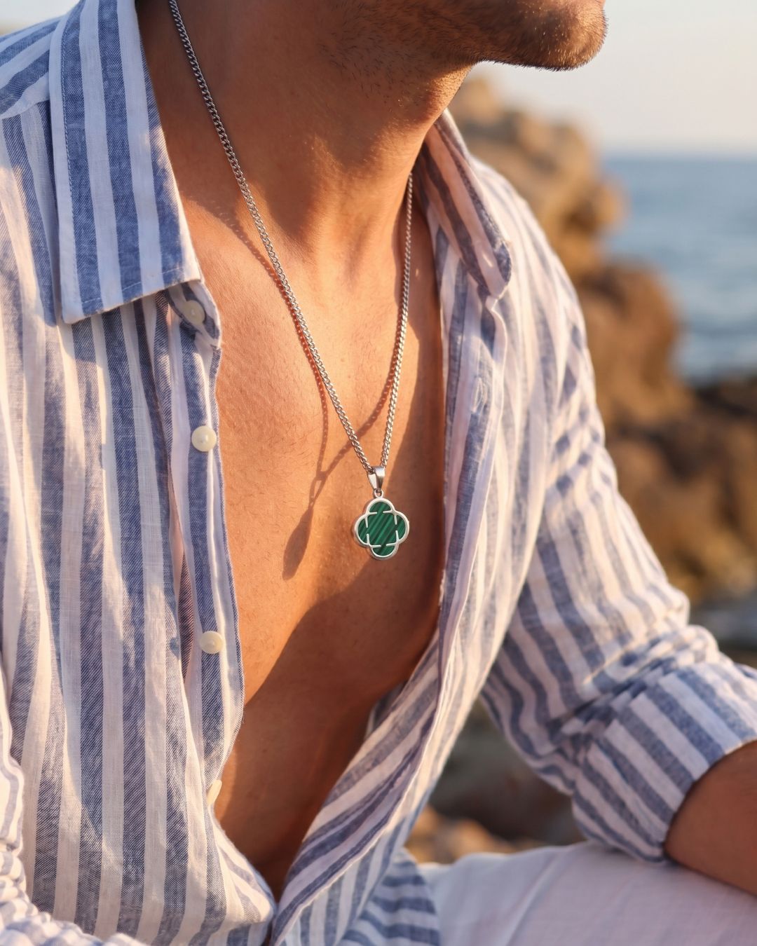 Green Clover Pendant Necklace, Silver-Plated Steel