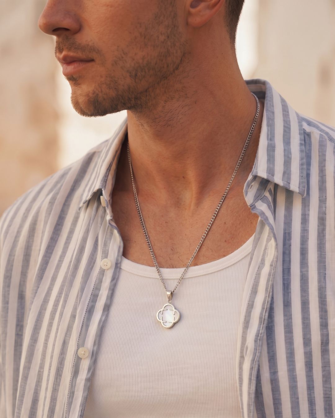 Pearlescent White Clover Pendant Necklace, Silver-Plated Steel