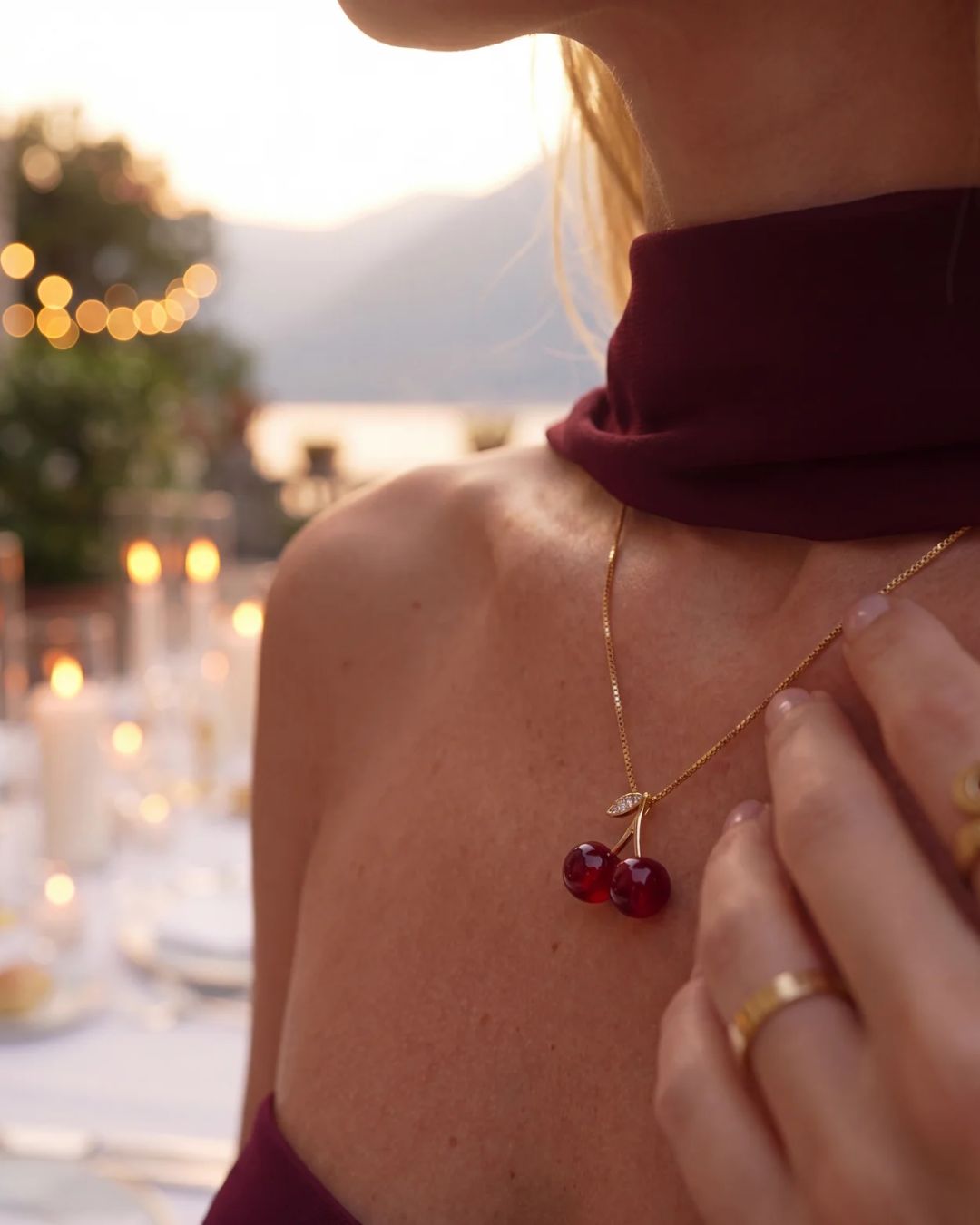 Red Cherry Pendant Necklace, Gold-Plated Metal