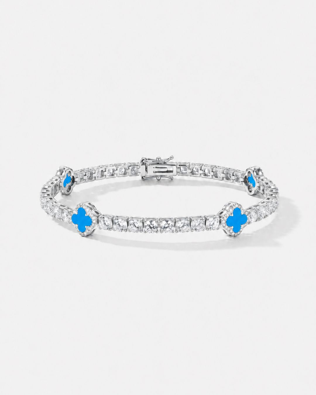 Azure Blue Clover Tennis Bracelet, Silver-Plated