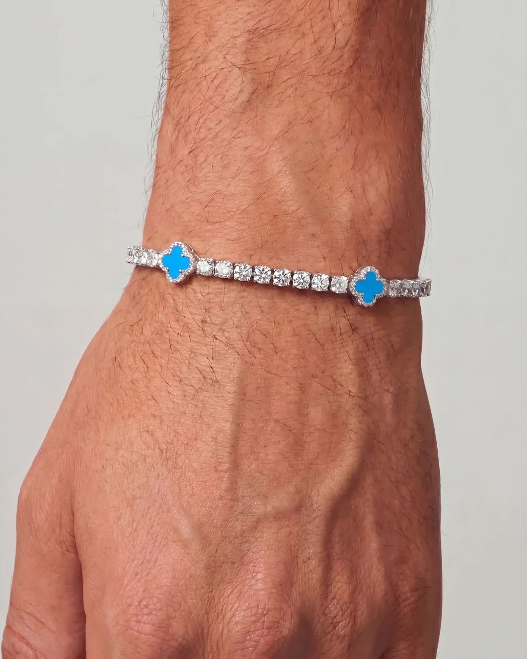 Azure Blue Clover Tennis Bracelet, Silver-Plated