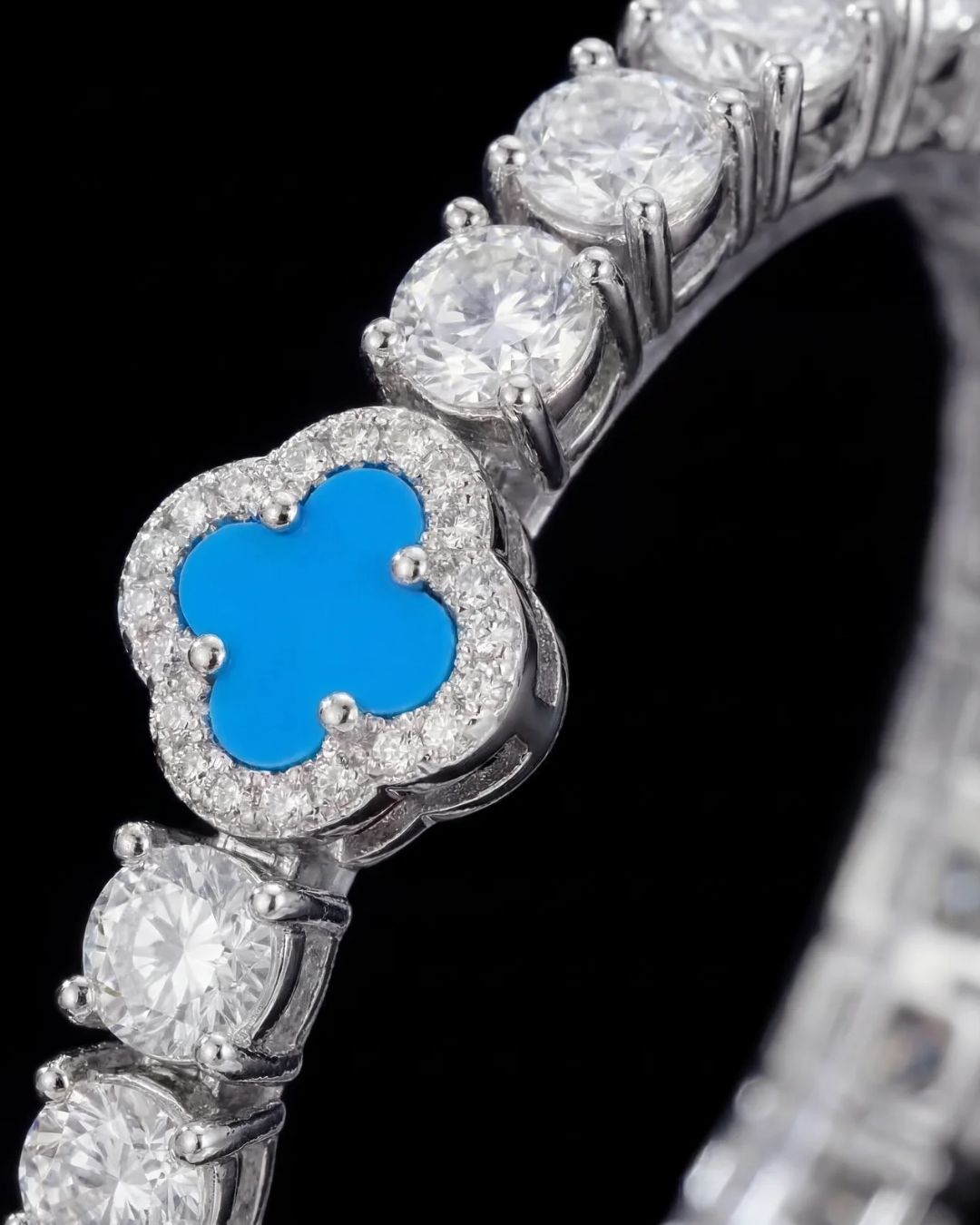 Azure Blue Clover Tennis Bracelet, Silver-Plated