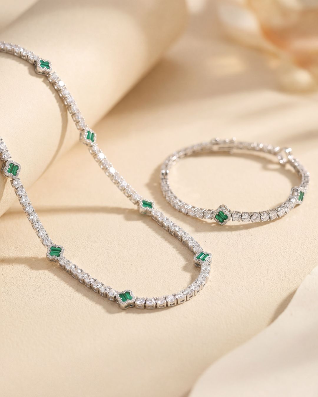 Green Clover Tennis Bracelet, Silver-Plated