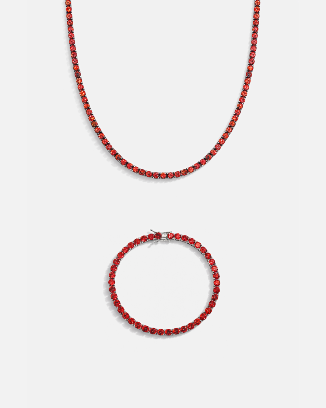 Red Zircon Tennis Necklace and Bracelet Set, 4 mm, White-Gold-Plated