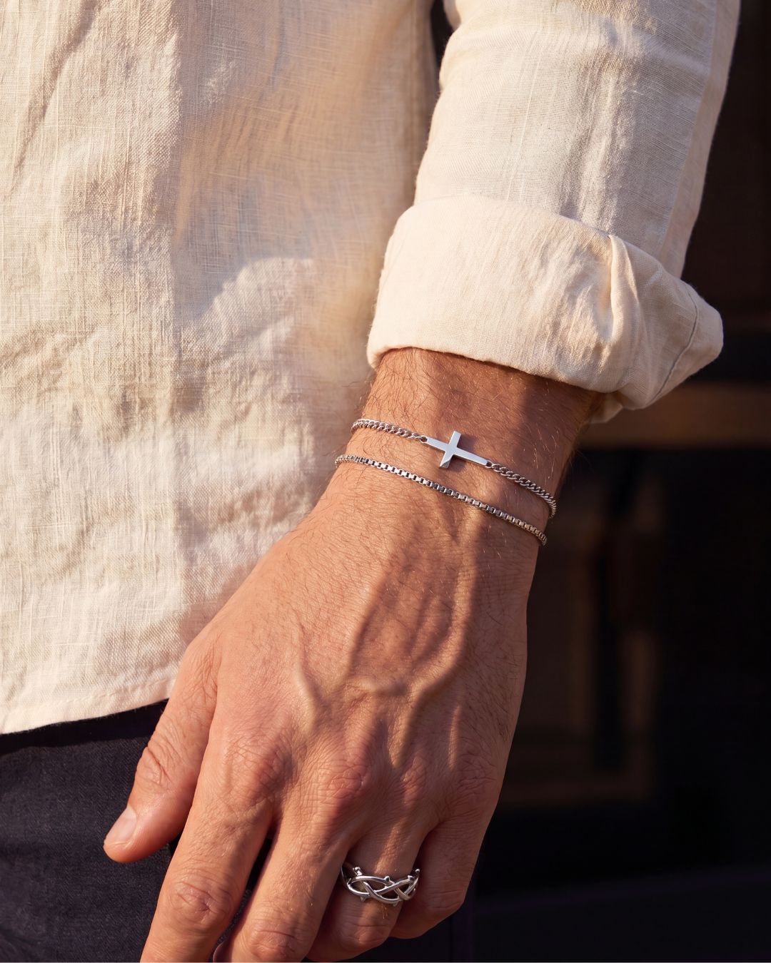 Men’s Cuban Link Cross Bracelet, Silver-Tone Stainless Steel