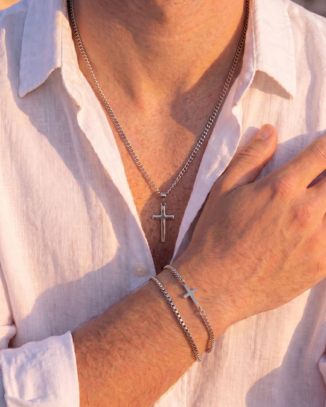 Men’s Cuban Link Cross Bracelet, Silver-Tone Stainless Steel