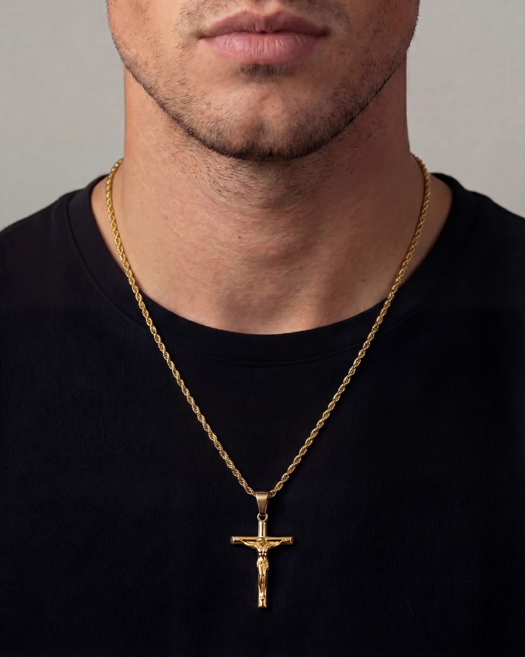 Men’s Crucifix Pendant Rope Necklace, Gold-Tone Steel