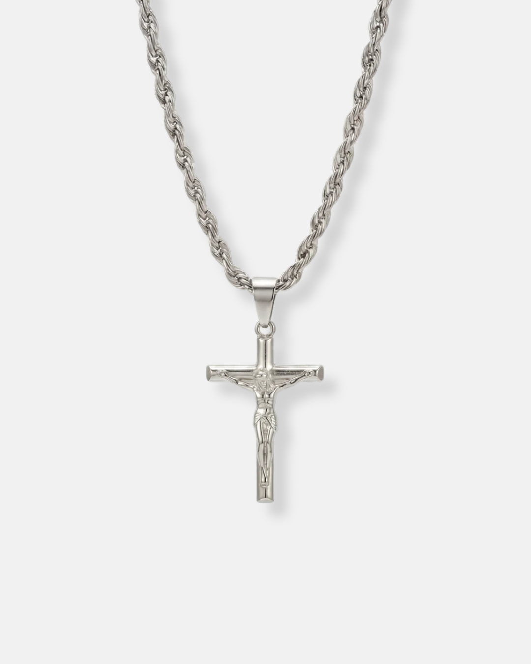 Men’s Crucifix Pendant Rope Necklace, Silver-Tone Steel