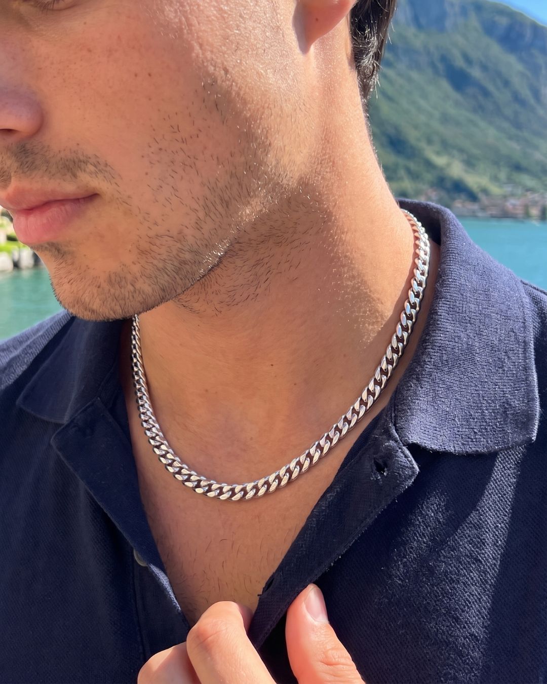 Men’s Silver-Tone Stainless Steel Cuban Chain Necklace, 5 mm