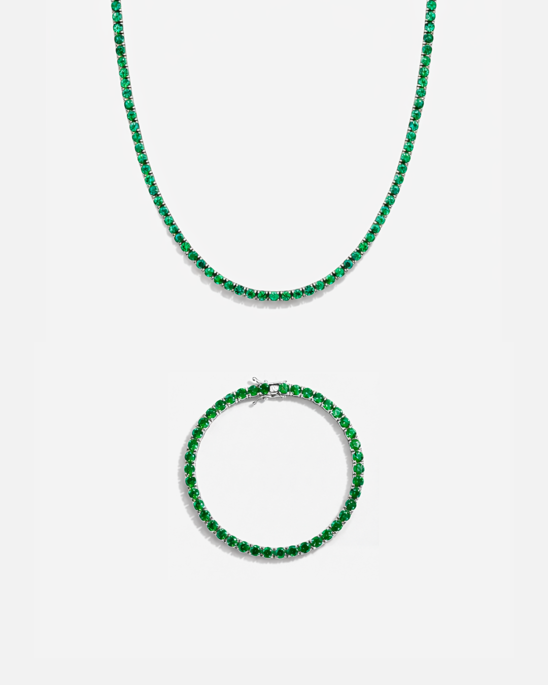 Green Zircon Tennis Necklace and Bracelet Set, 4 mm, White-Gold-Plated