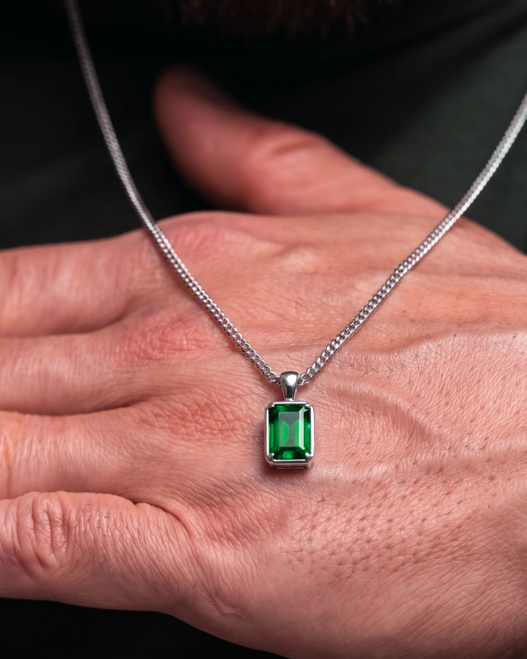 Men’s 1 ct Lab-Grown Emerald Pendant Necklace, 925 Silver Pendant