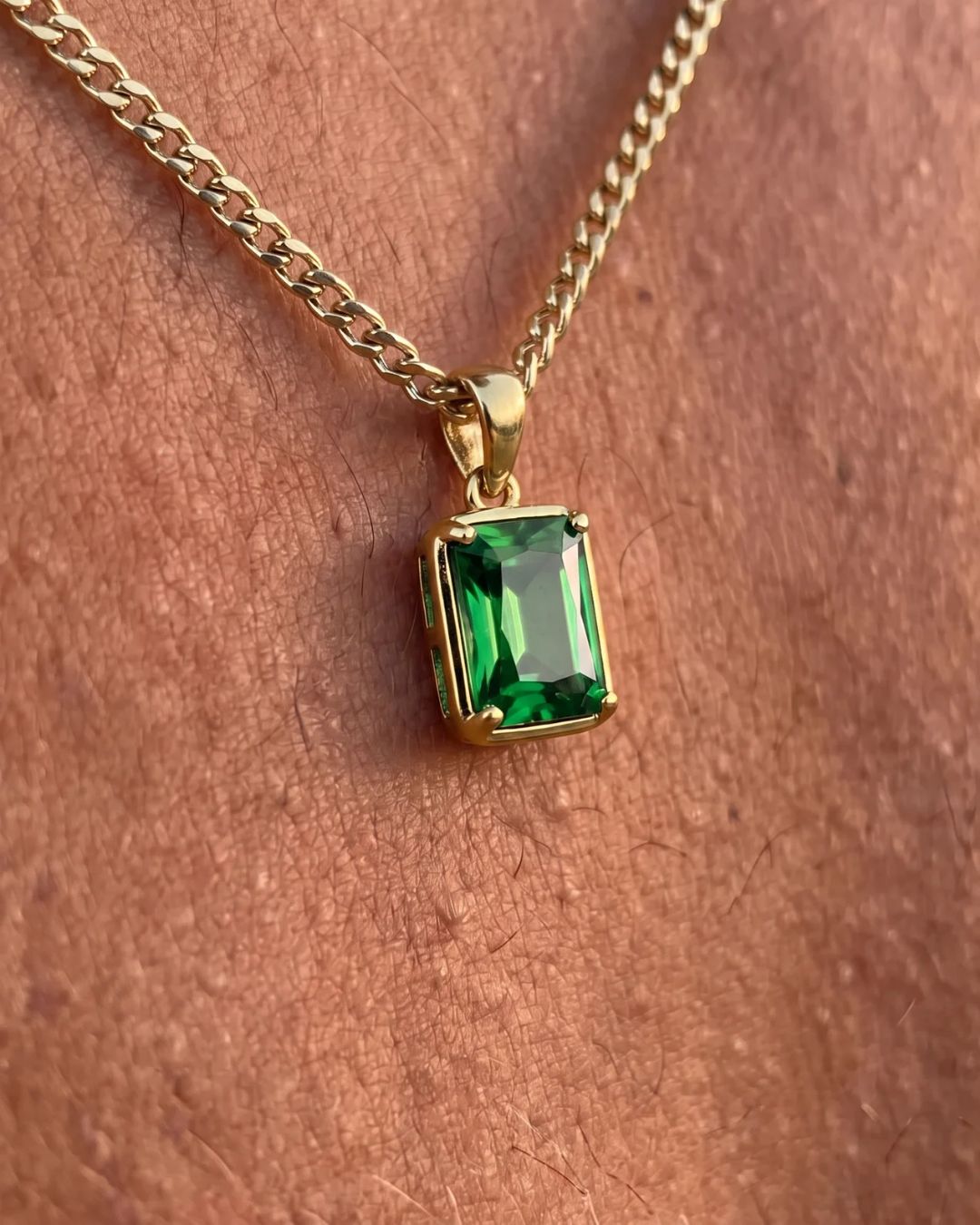Men’s 1 Carat Lab-Grown Emerald Pendant Necklace, 18K Gold-Plated