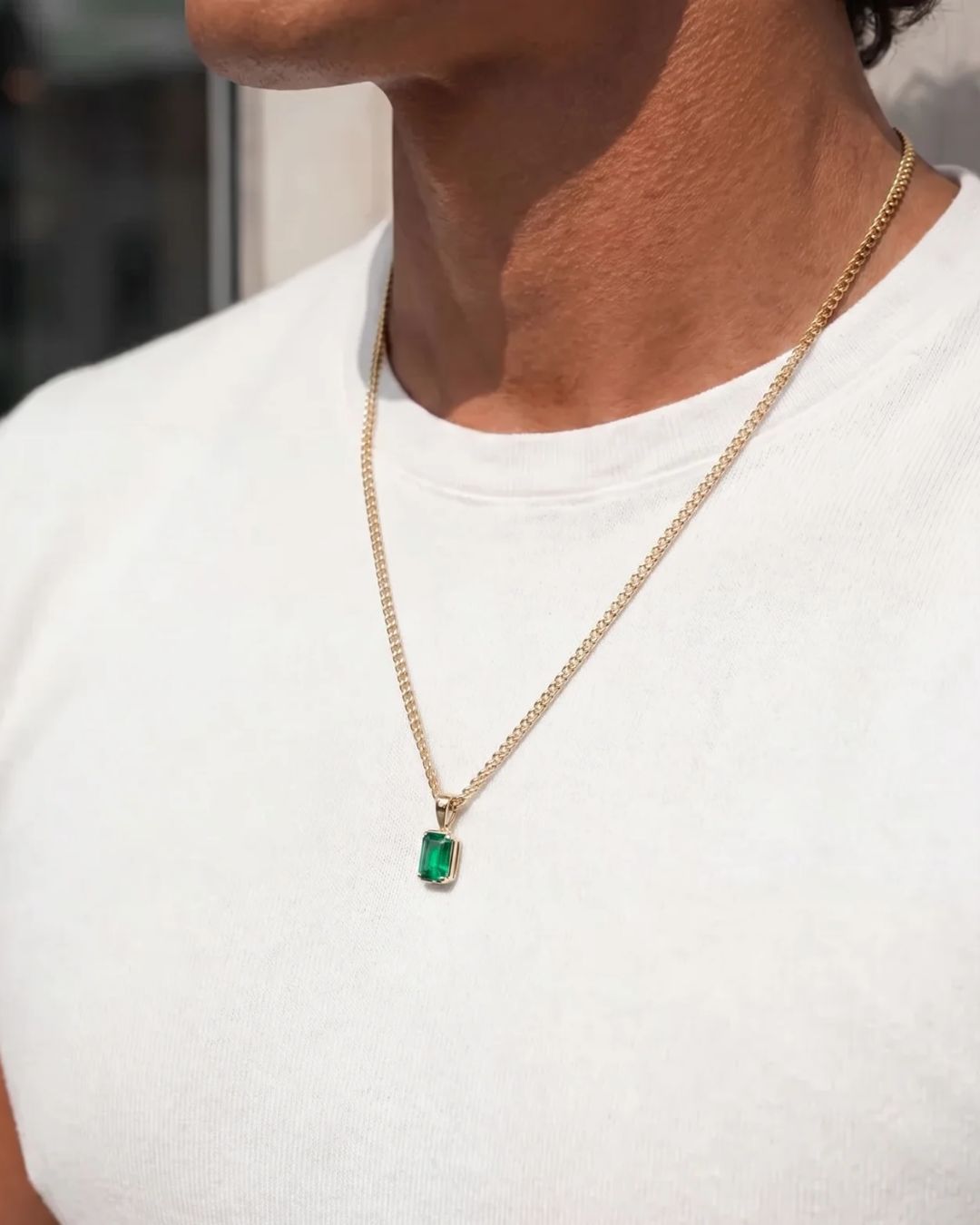 Men’s 1 Carat Lab-Grown Emerald Pendant Necklace, 18K Gold-Plated