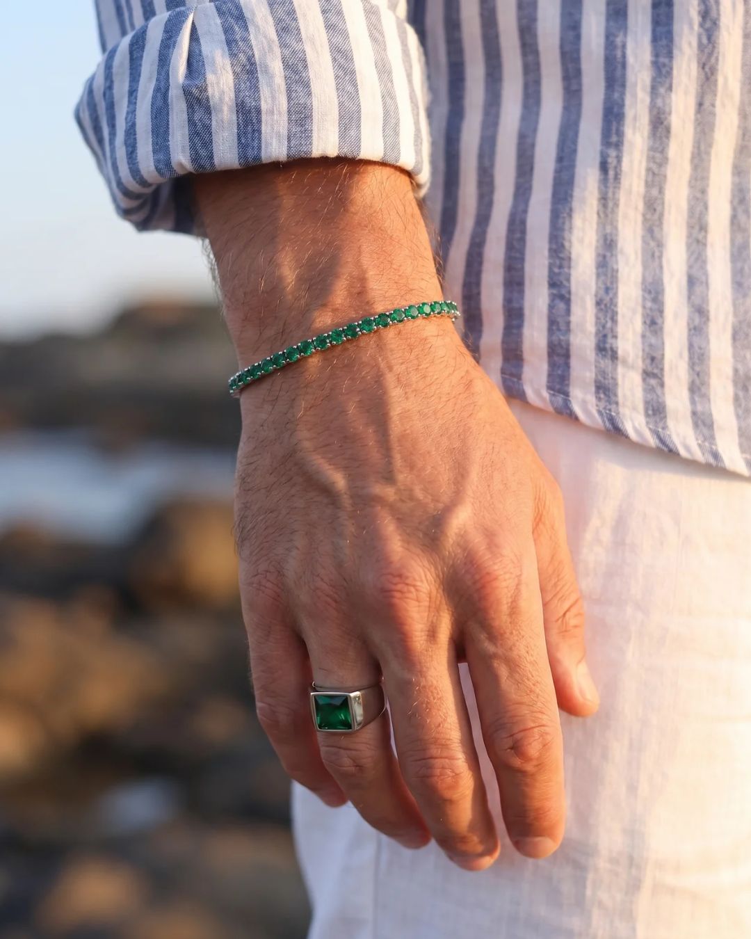 Men’s Green Zirconia Square Signet Ring, Silver-Tone