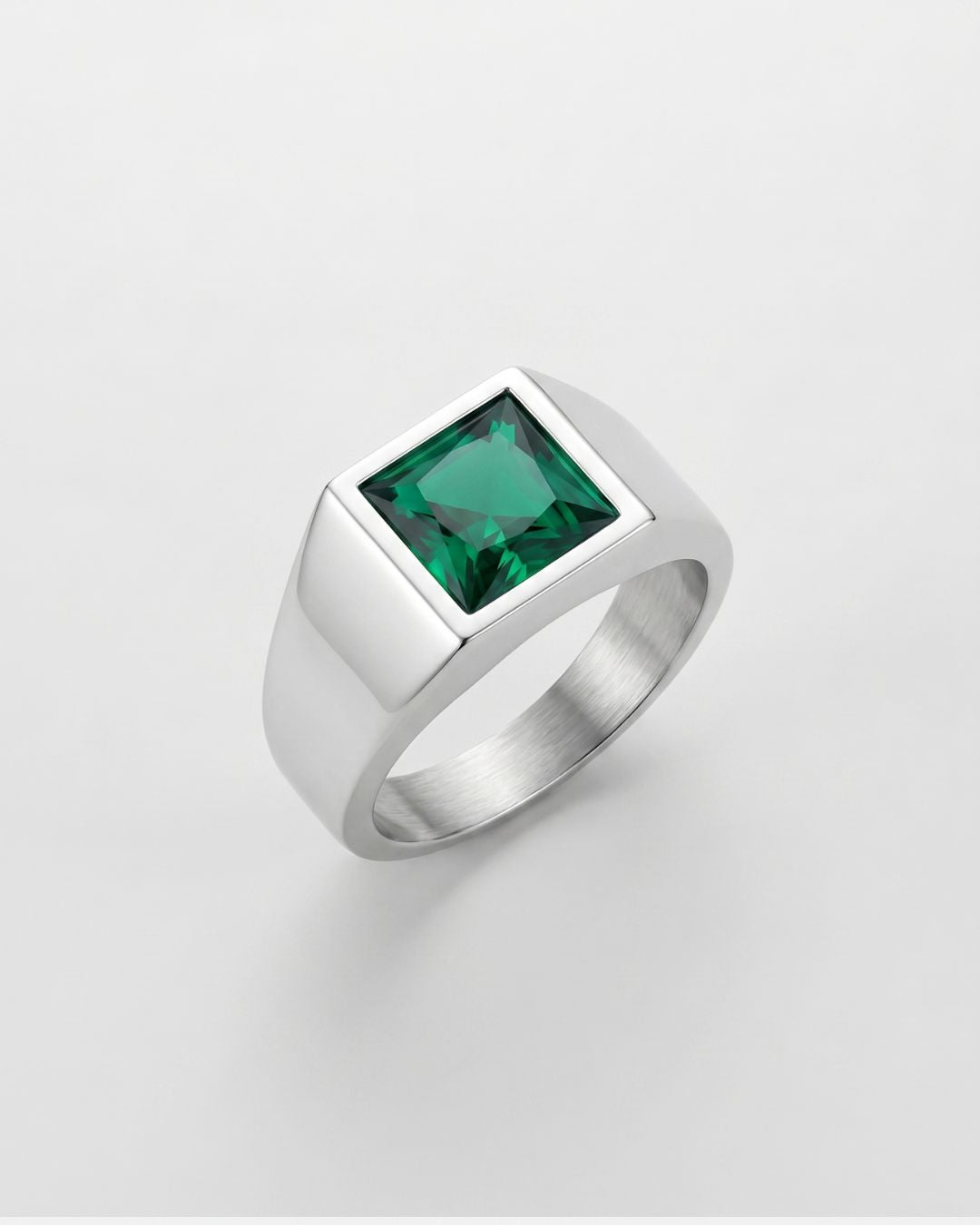 Men’s Green Zirconia Square Signet Ring, Silver-Tone
