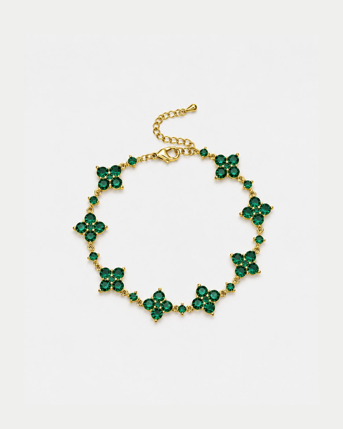 Green Zircon Clover Bracelet, Gold-Plated Copper, Adjustable