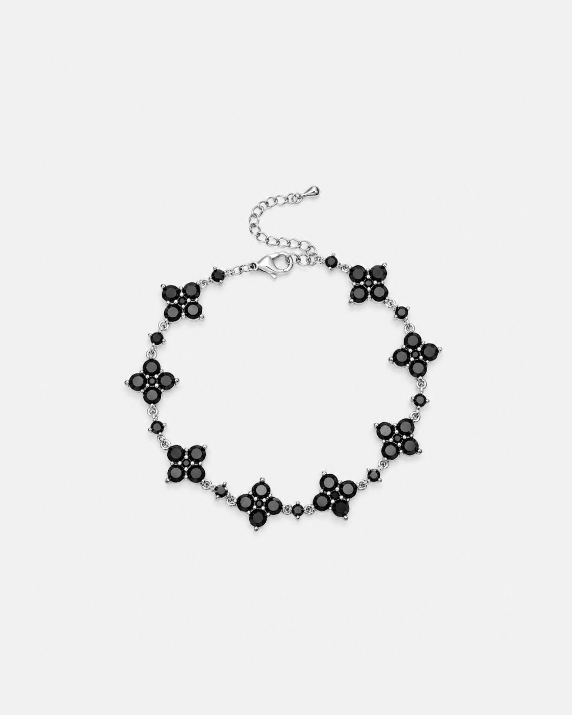 Black Zircon Clover Bracelet, Silver-Plated Copper, Adjustable