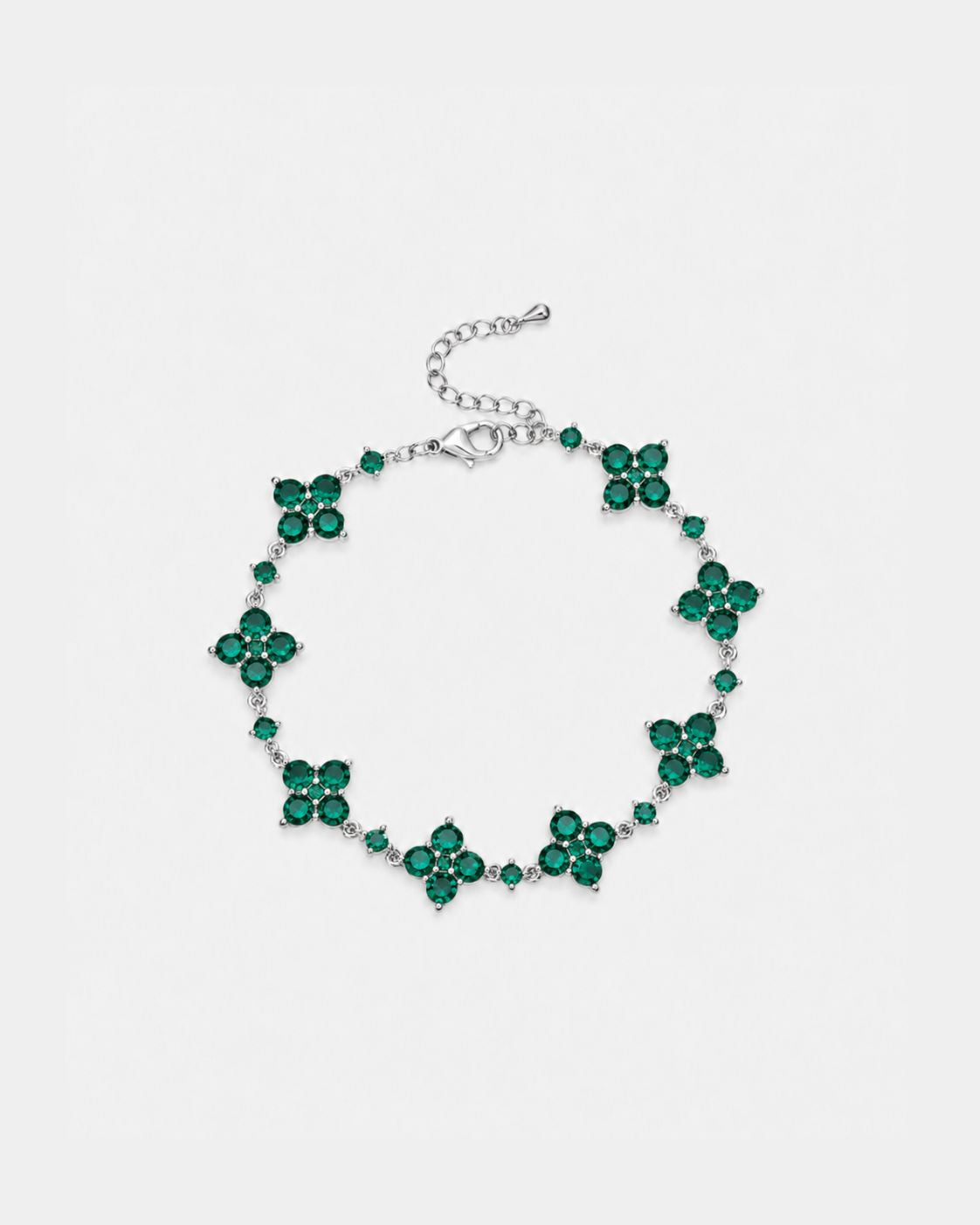 Green Zircon Clover Bracelet, Silver-Plated Copper, Adjustable