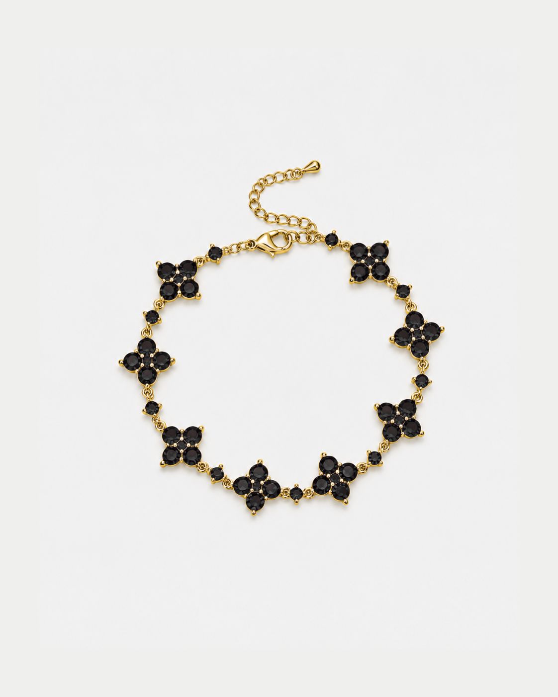 Black Zircon Clover Bracelet, Gold-Plated Copper, Adjustable