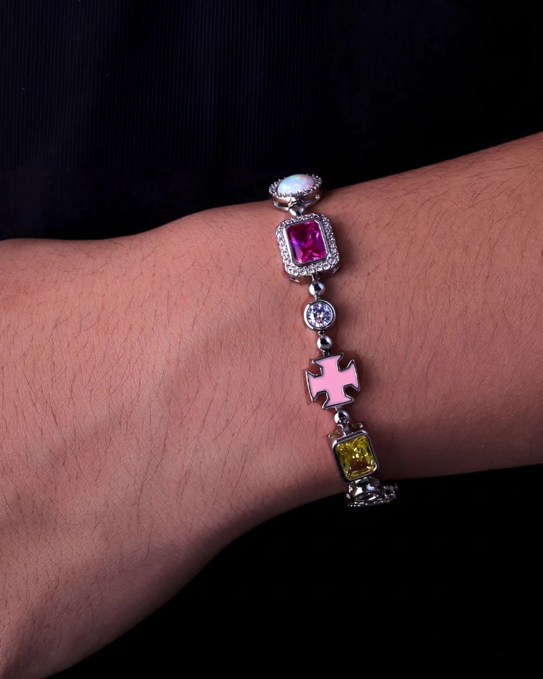 Men’s Multicolor Geometric Bracelet, White-Gold-Plated Steel