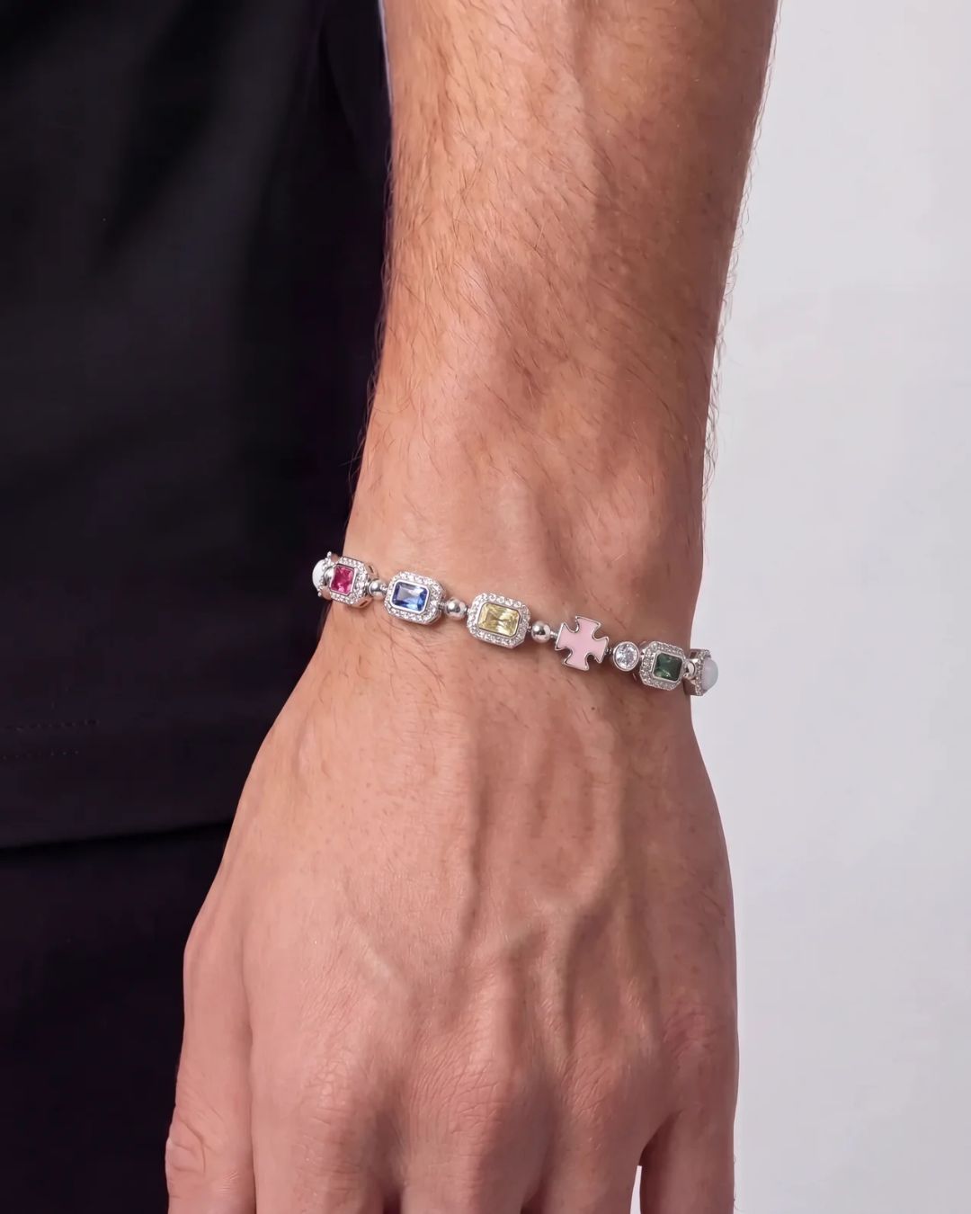 Men’s Multicolor Geometric Bracelet, White-Gold-Plated Steel
