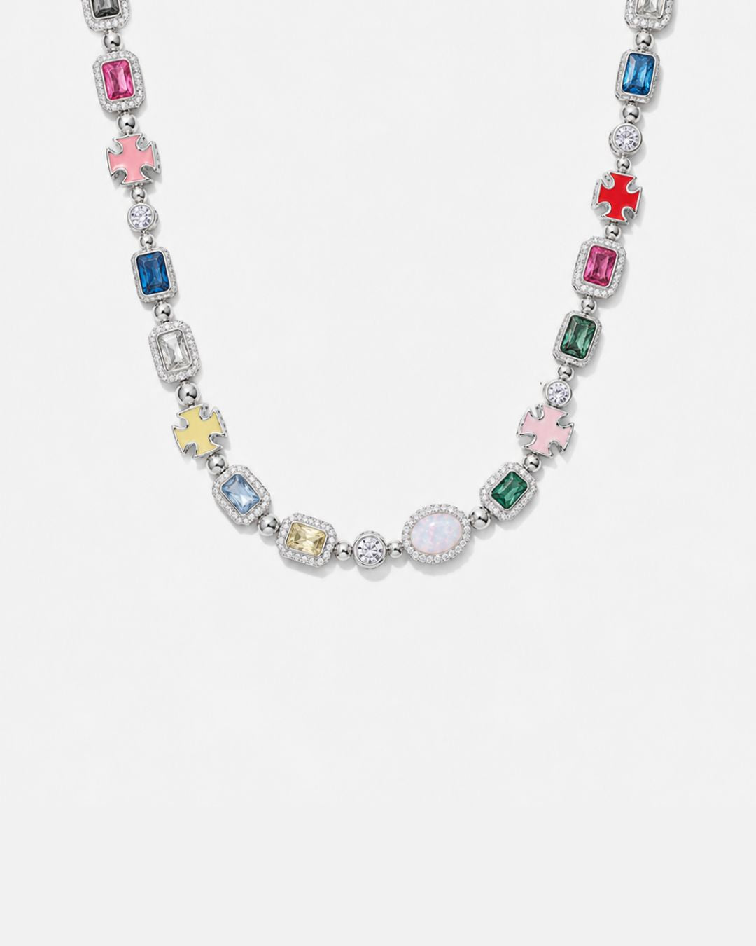 Men’s Multicolor Geometric Necklace, White-Gold-Plated Steel