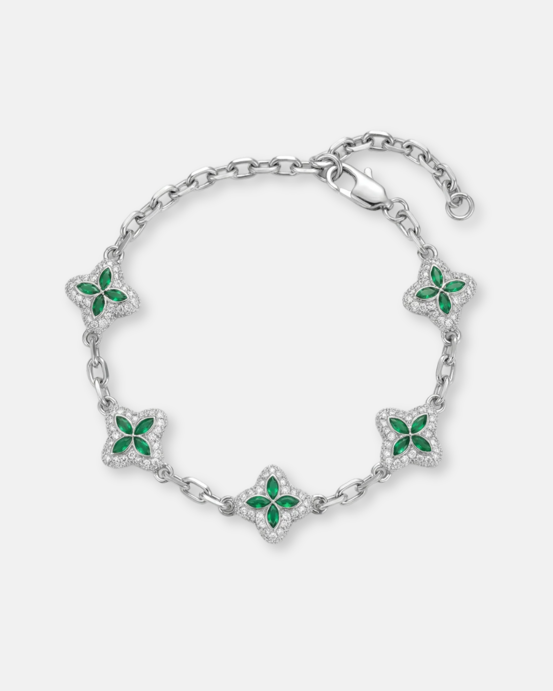 Green Zircon Flower Bracelet, Silver-Tone Copper