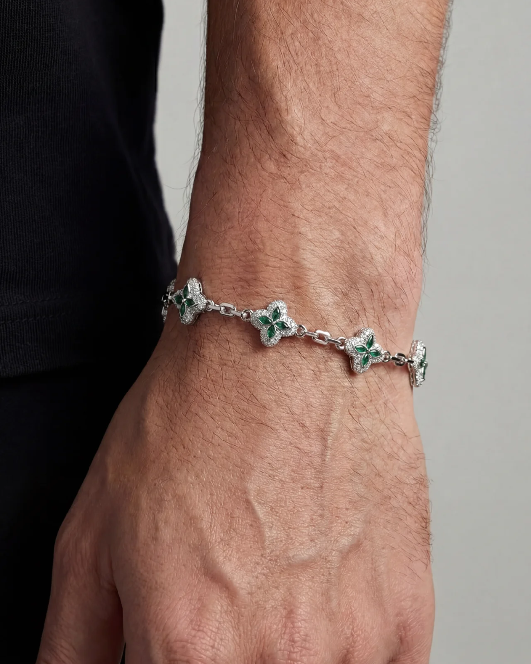 Green Zircon Flower Bracelet, Silver-Tone Copper