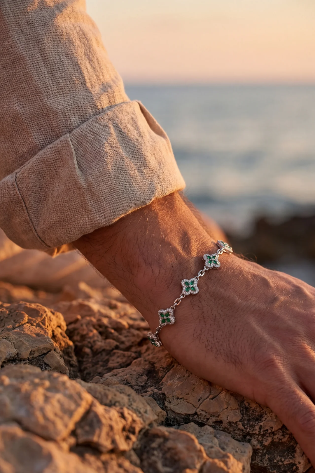 Green Zircon Flower Bracelet, Silver-Tone Copper