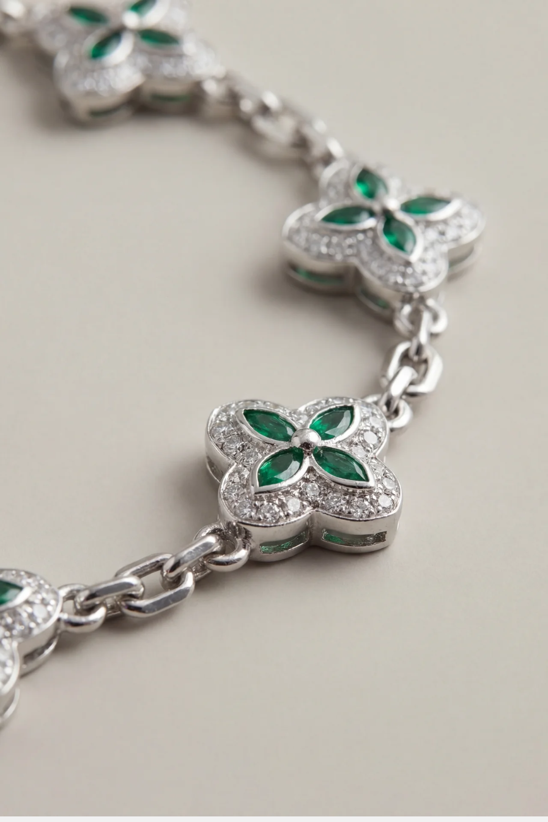 Green Zircon Flower Bracelet, Silver-Tone Copper